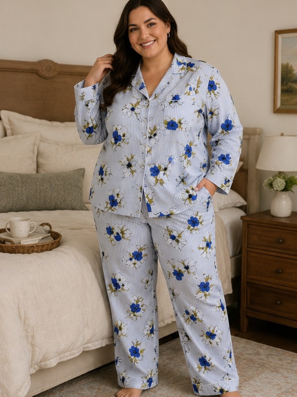 Lands’ End 3X Floral Pajama Set Blue White Striped 100% Cotton 2 Piece